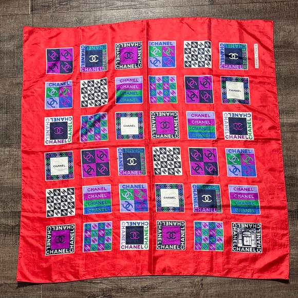 CHANEL Accessories - CHANEL Vibrant Red silk Scarf with Multicolor Logo Squares